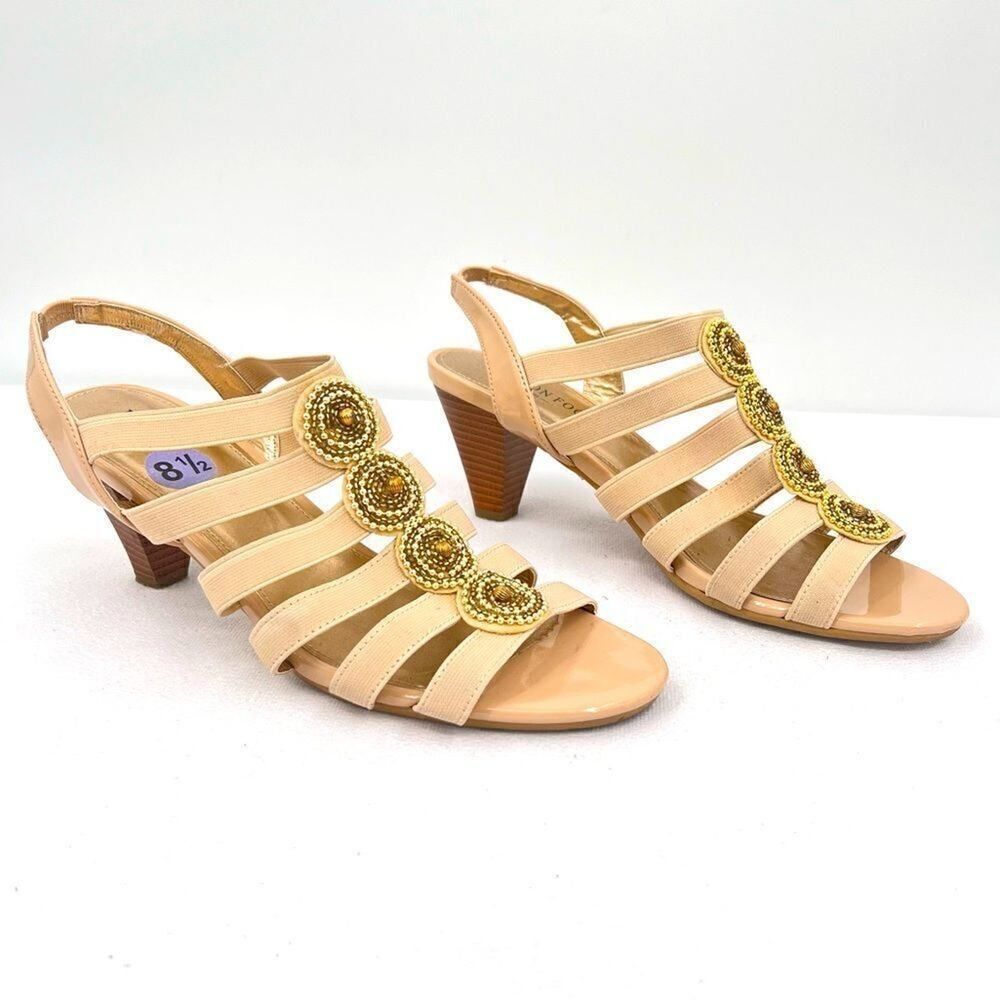London Fog Nanci Natural Cream Strappy Medallion Sling Stretch Dress Sandals 8.5